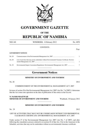 Environmental Management Act: commencement, Activities and Regulations. 2012